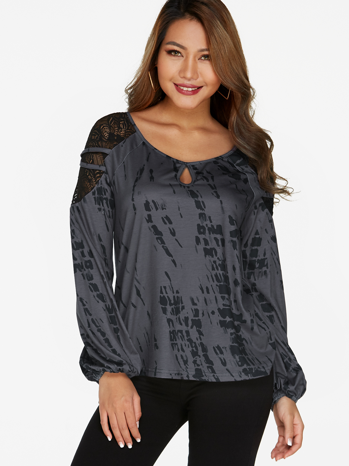 Grey Contrast Printed Lace Insert Long Sleeves Curved Hem Casual T-shirt