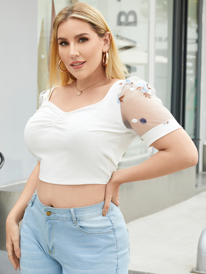 YOINS Plus Size Square Neck Embroidered Patchwork Short Sleeves Blouse