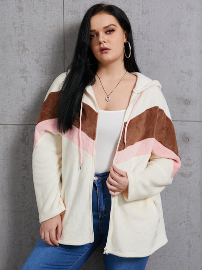 YOINS Plus Size Color Block Side Pocket Hooded Design Zip Design Jacket