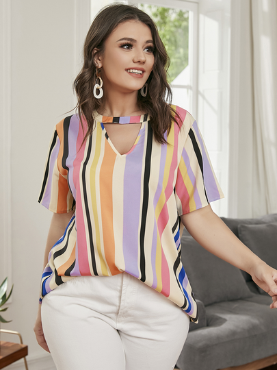 YOINS Plus Size V-neck Striped Cut Out Short Sleeves Blouse