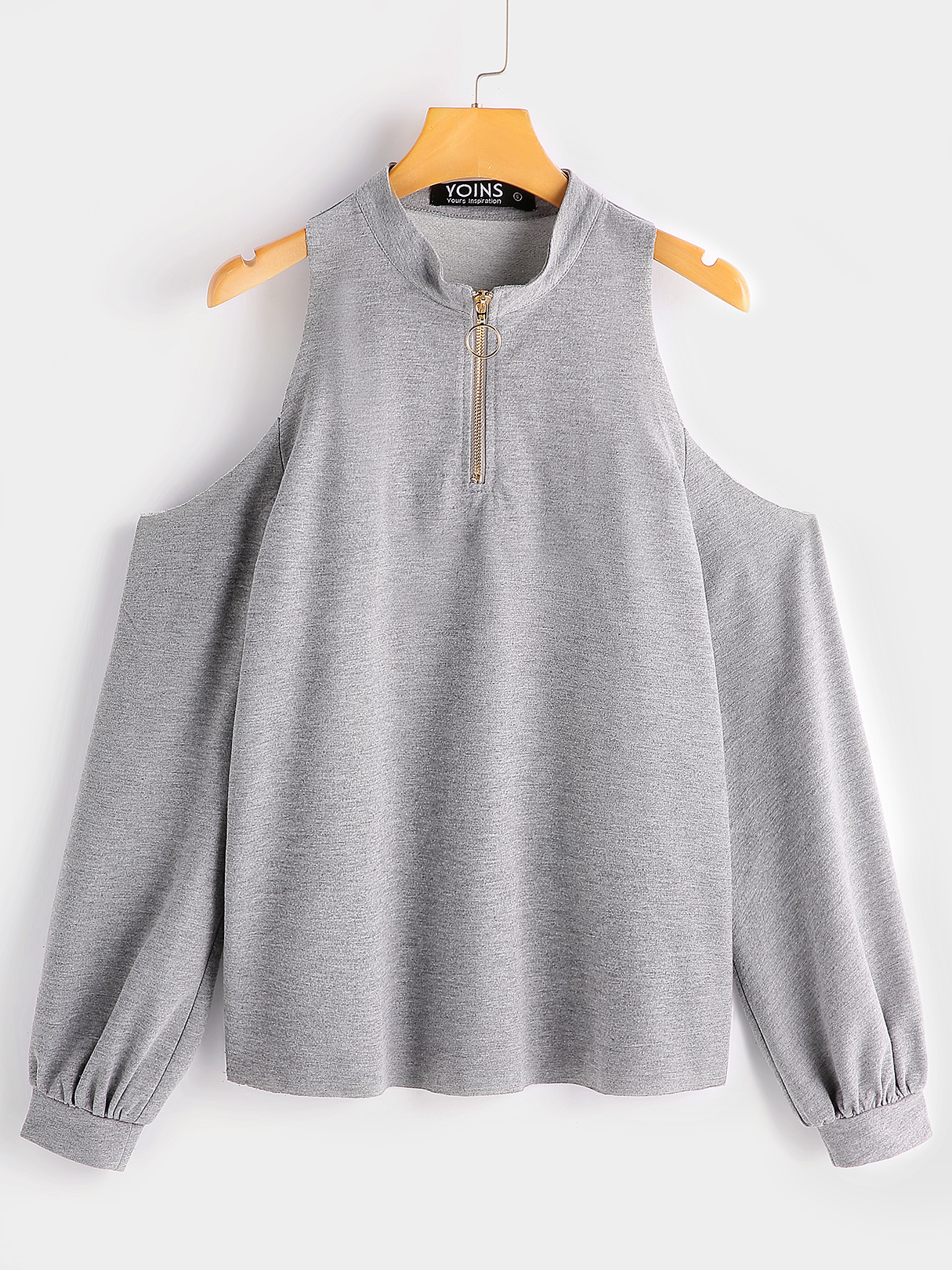 Grey Cold Shoulder Zipper Front Sweatshirts
