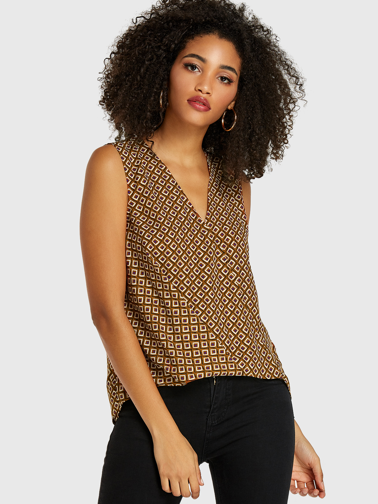 Brown Pleated Design Geometrical V-neck Sleeveless Top