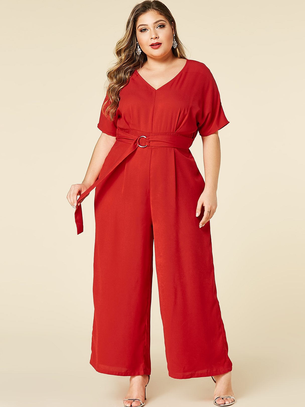 YOINS Plus Size Red Belt Design Stretch Waistband Jumpsuit