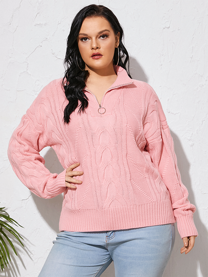 Plus Size V-neck Zip Front Long Sleeves Sweater