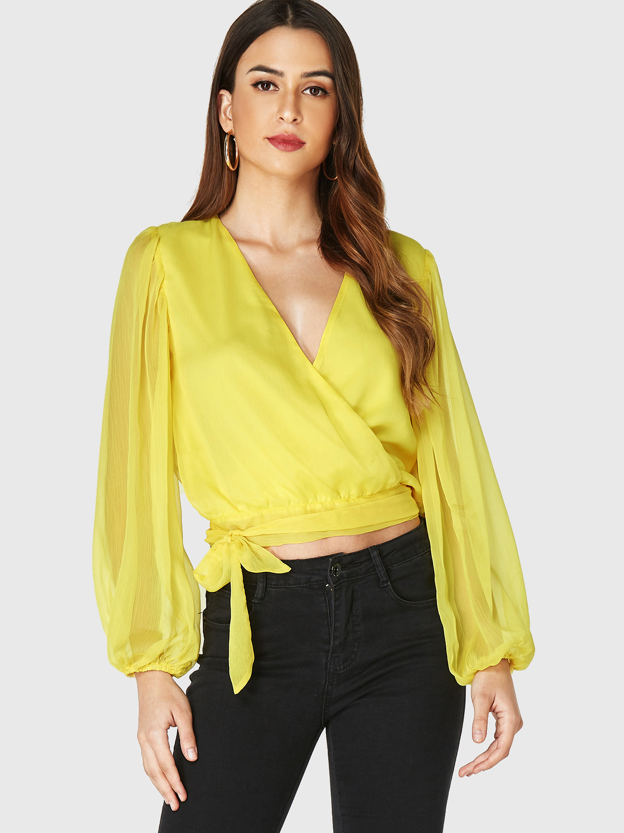 YOINS Yellow V-neck Crossed Front Knotted Lantern Sleeves Blouse