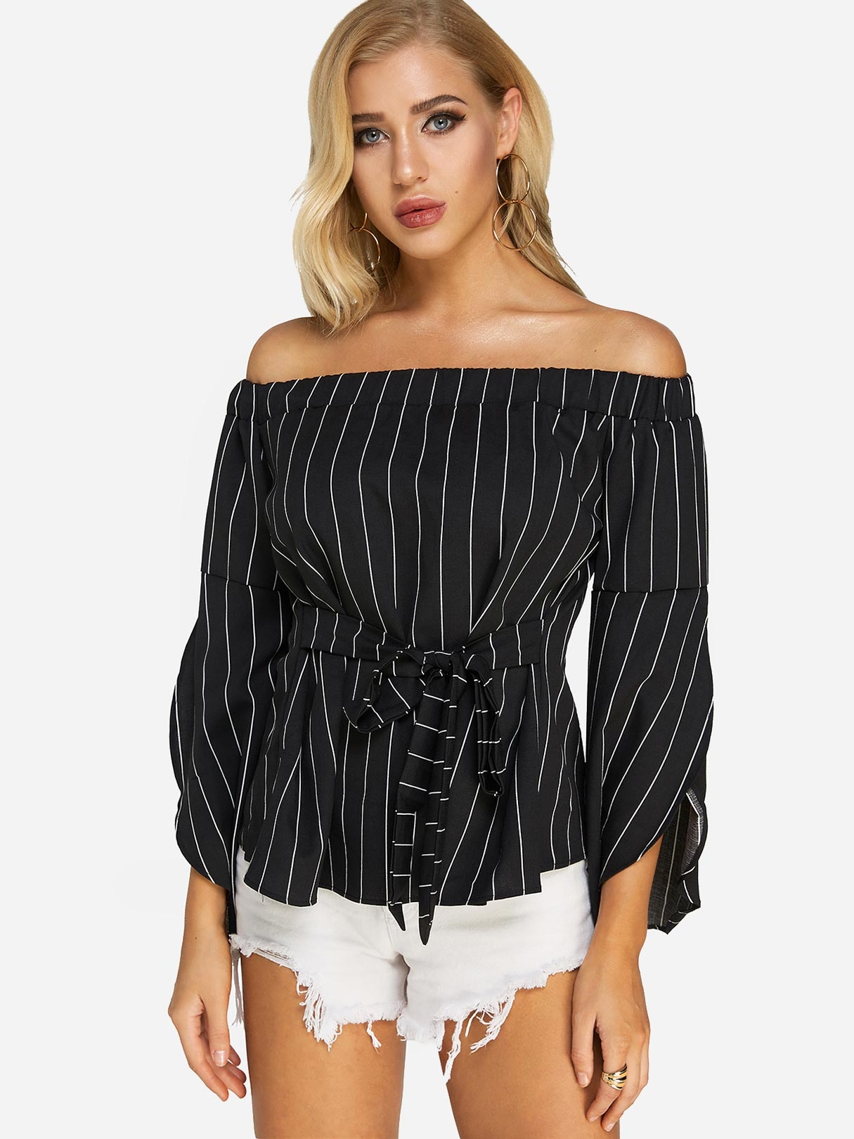 Black Stripe Off The Shoulder Flared Sleeves Top