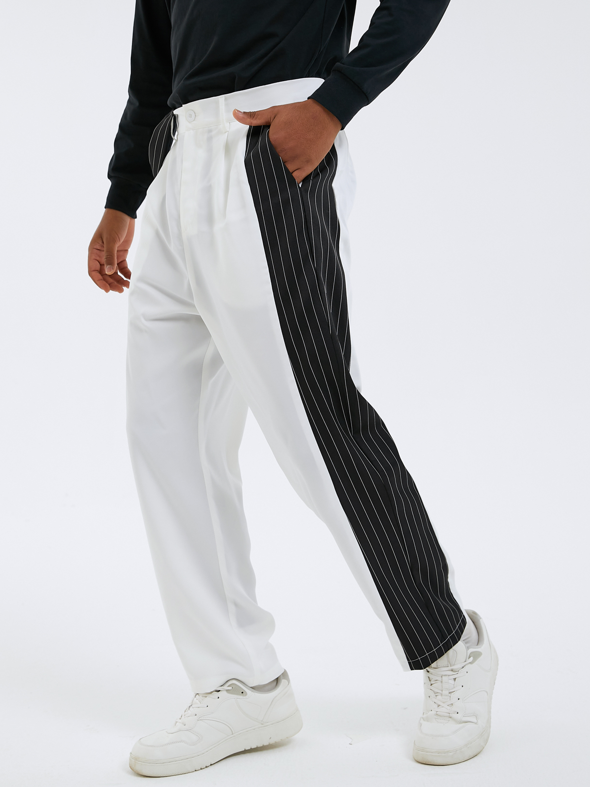 Men Fashion Striped Color Block Zip Front Casual Pants