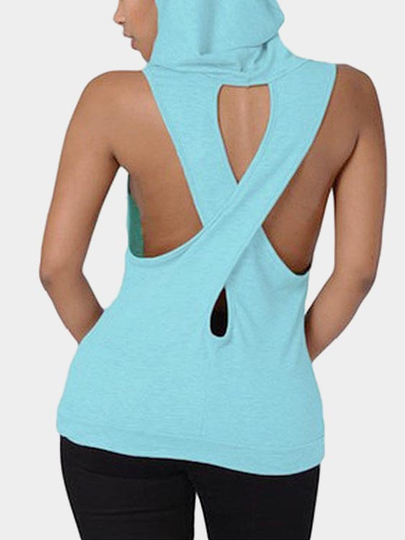Casual Cross at Back Sleevless Hoodie Sweatshirt in Blue