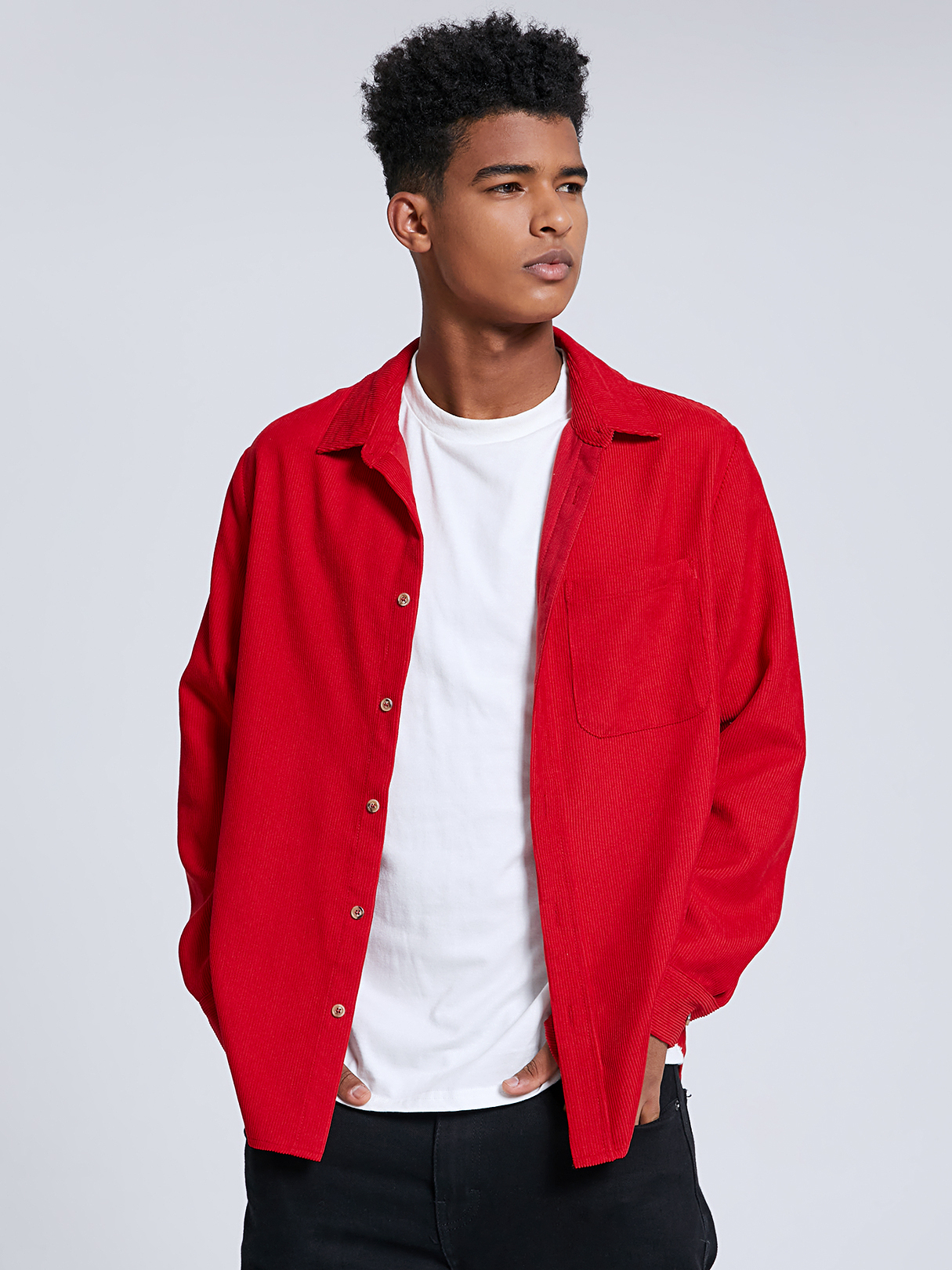 Men Casual Corduroy Plain Chest Pocket Long Sleeve Shirt