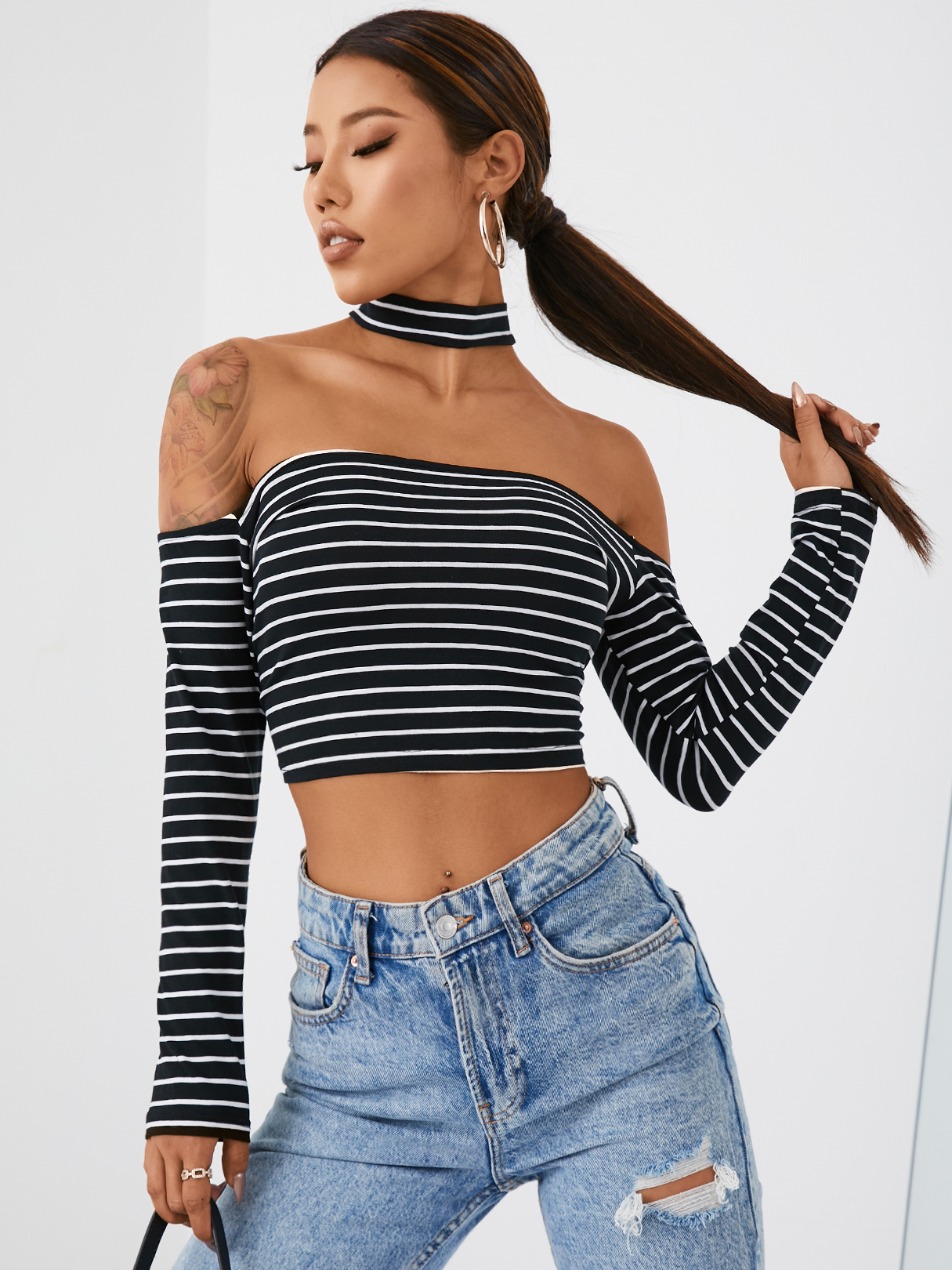 Fashion Off Shoulder Halter Stripe Pattern Crop Top