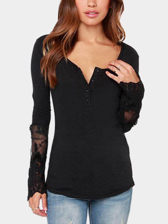 Black Mesh Lace Insert Round Neck Top