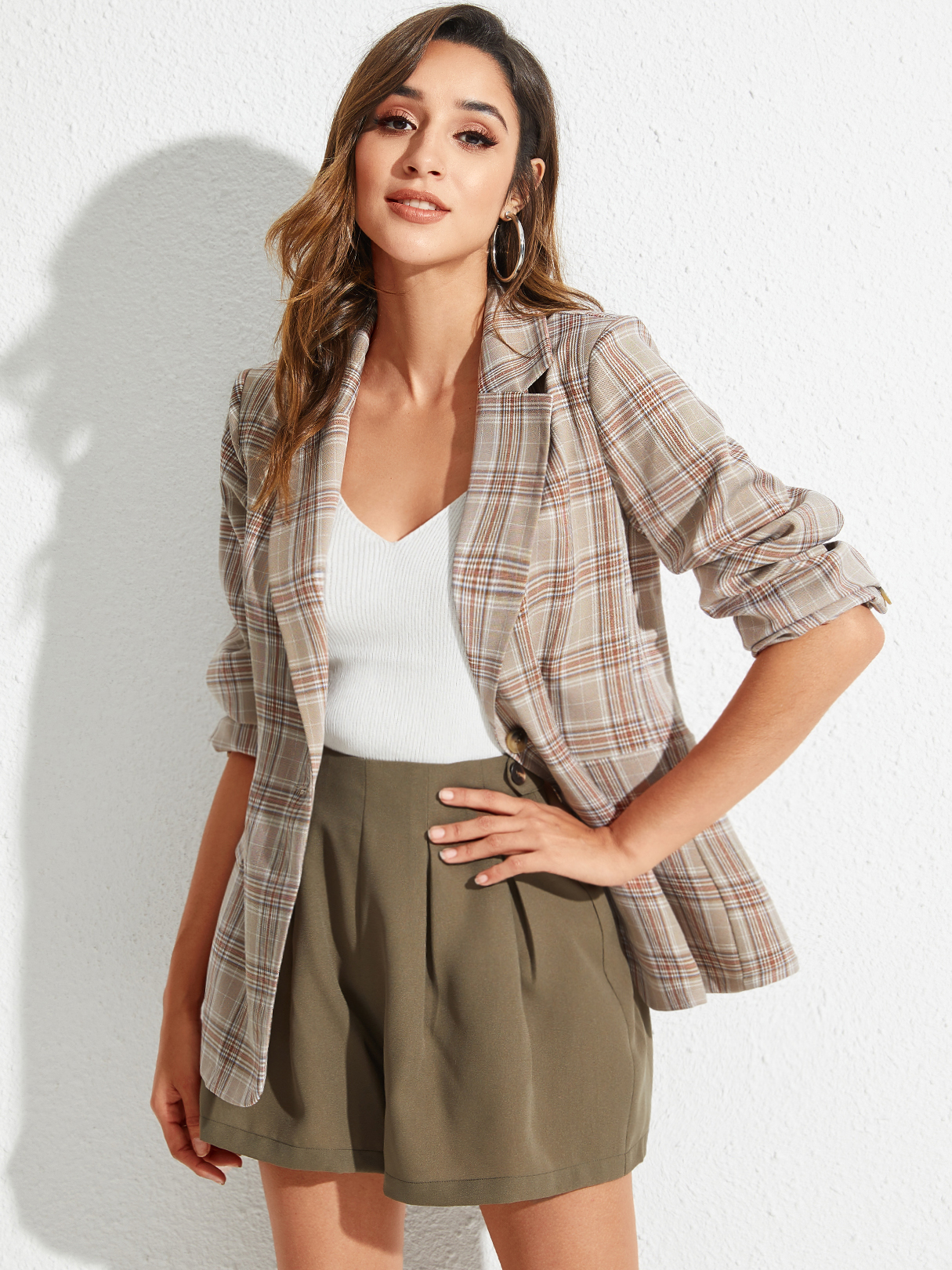 YOINS Khaki Plaid Long Sleeves Blazer