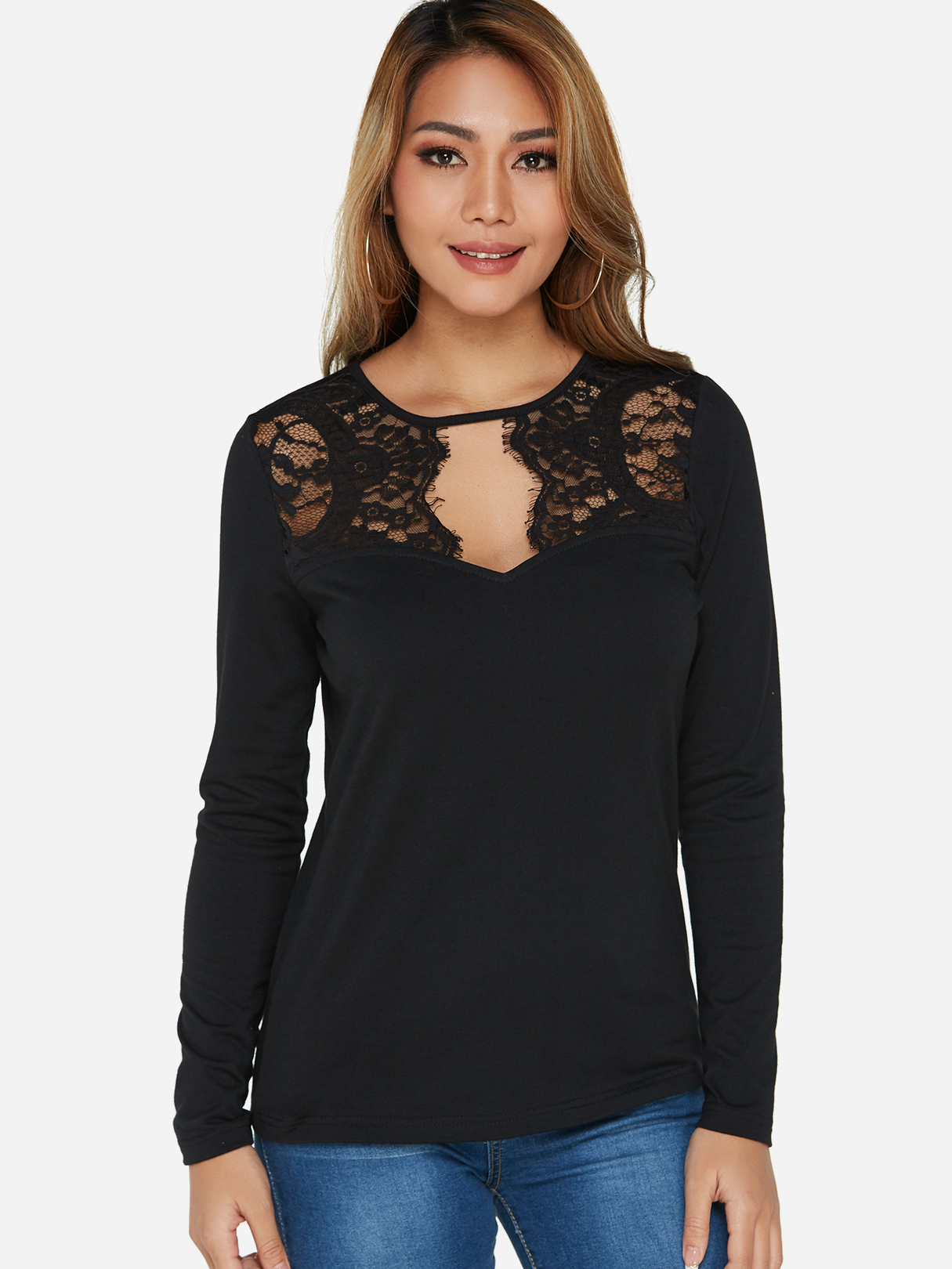 Black Lace Round Neck Long Sleeves T-shirt