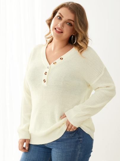 Plus Size V-neck Button Design Long Sleeves Sweater