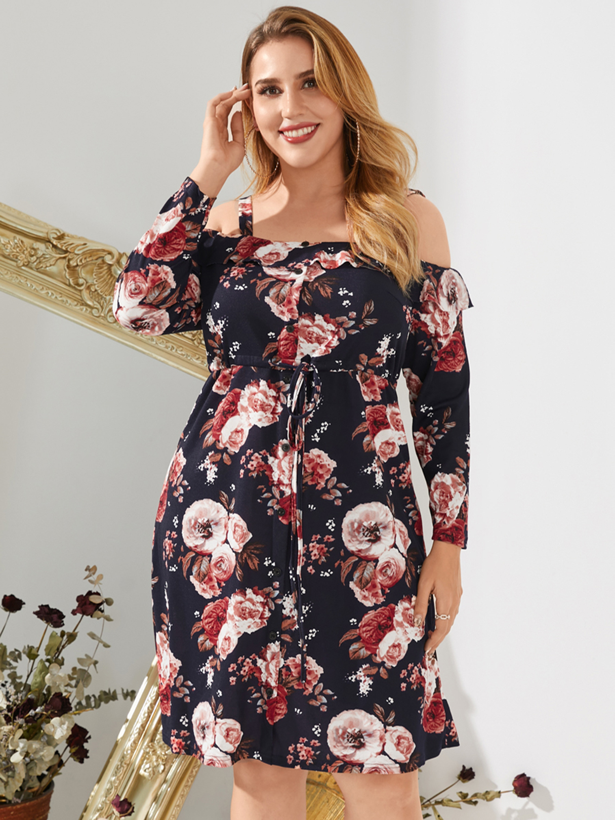YOINS Plus Size Off The Shoulder Tie-up Design Long Sleeves Mini Dress