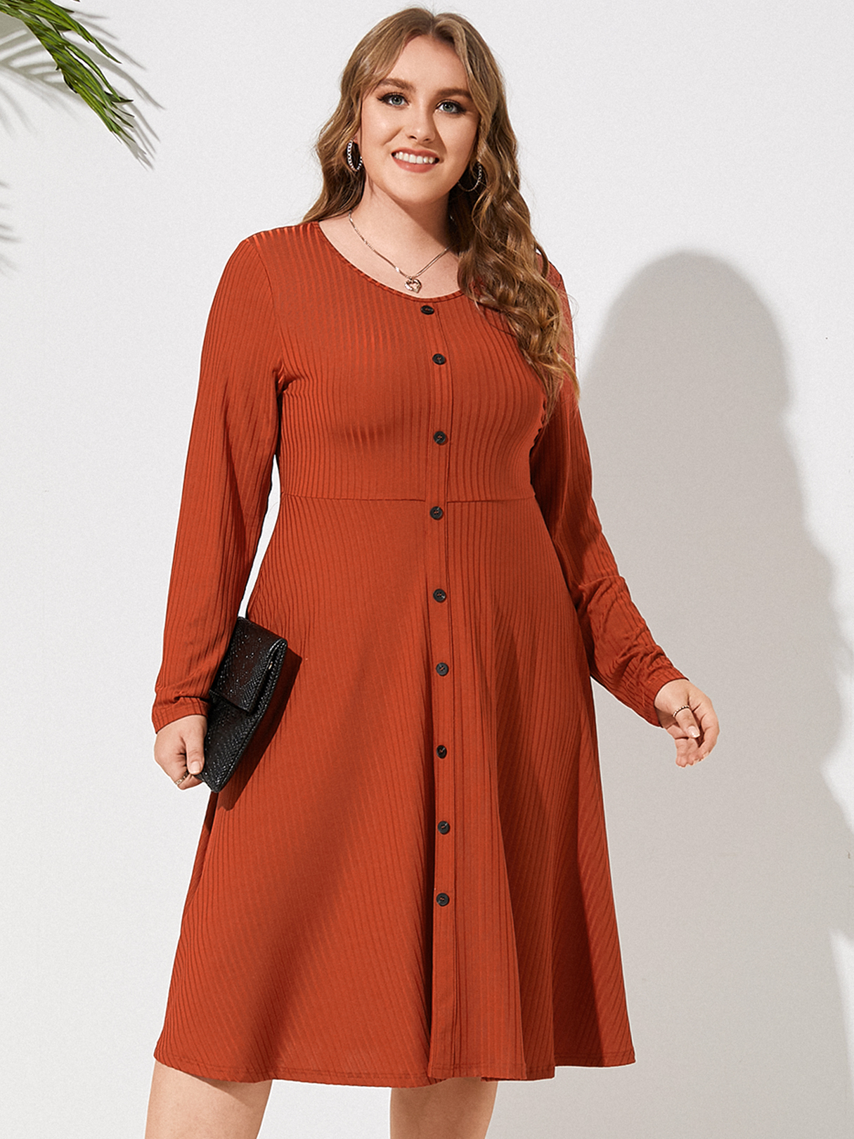 YOINS Plus Size Round Neck Front Button Ribbed Knit Long Sleeves Dress