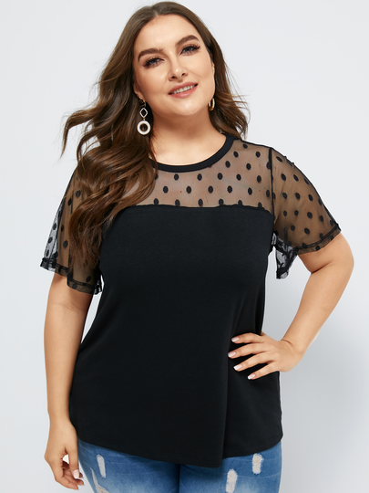 YOINS Plus Size Black Crew Neck Short Sleeves Mesh Patchwork Tee