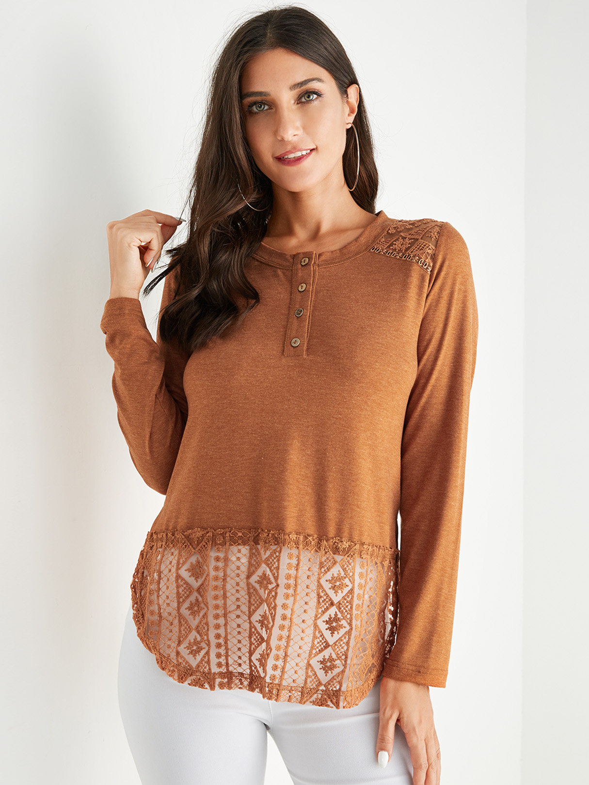 Coffee Button Design Round Neck Long Sleeves Tee