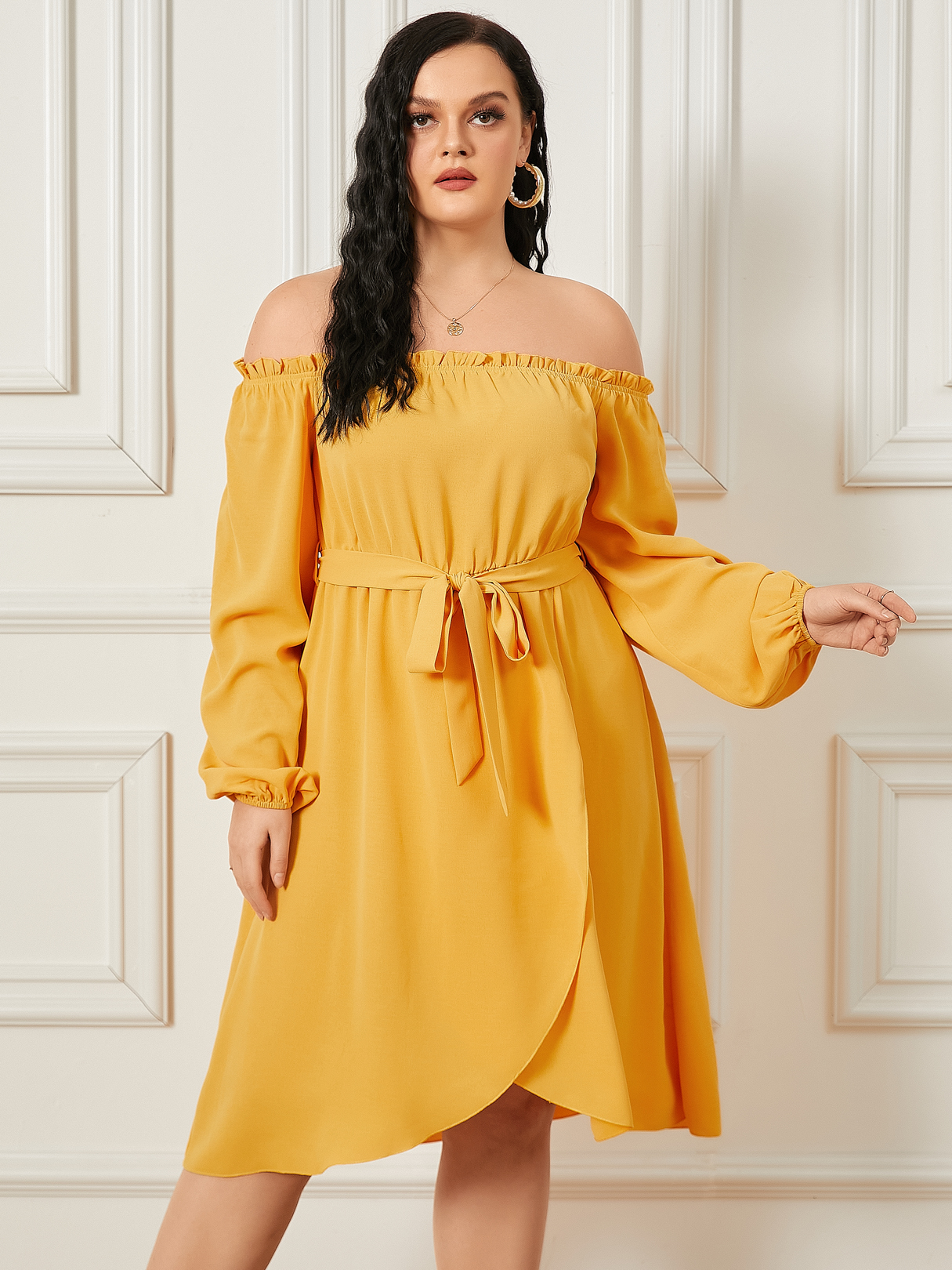 YOINS Plus Size Off The Shoulder Belt Design Tie-up Design Long Sleeves Dress