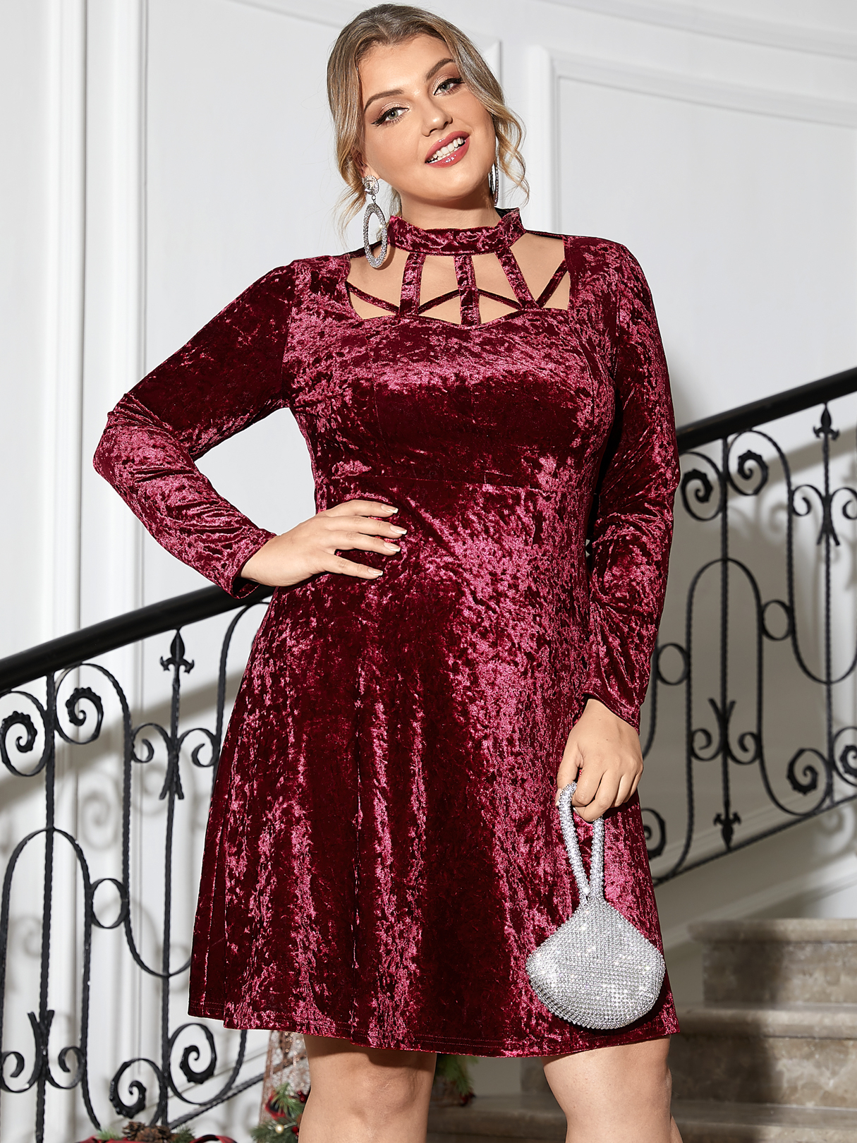 YOINS Plus Size Turtleneck Hollow Design Christmas Long Sleeves Dress