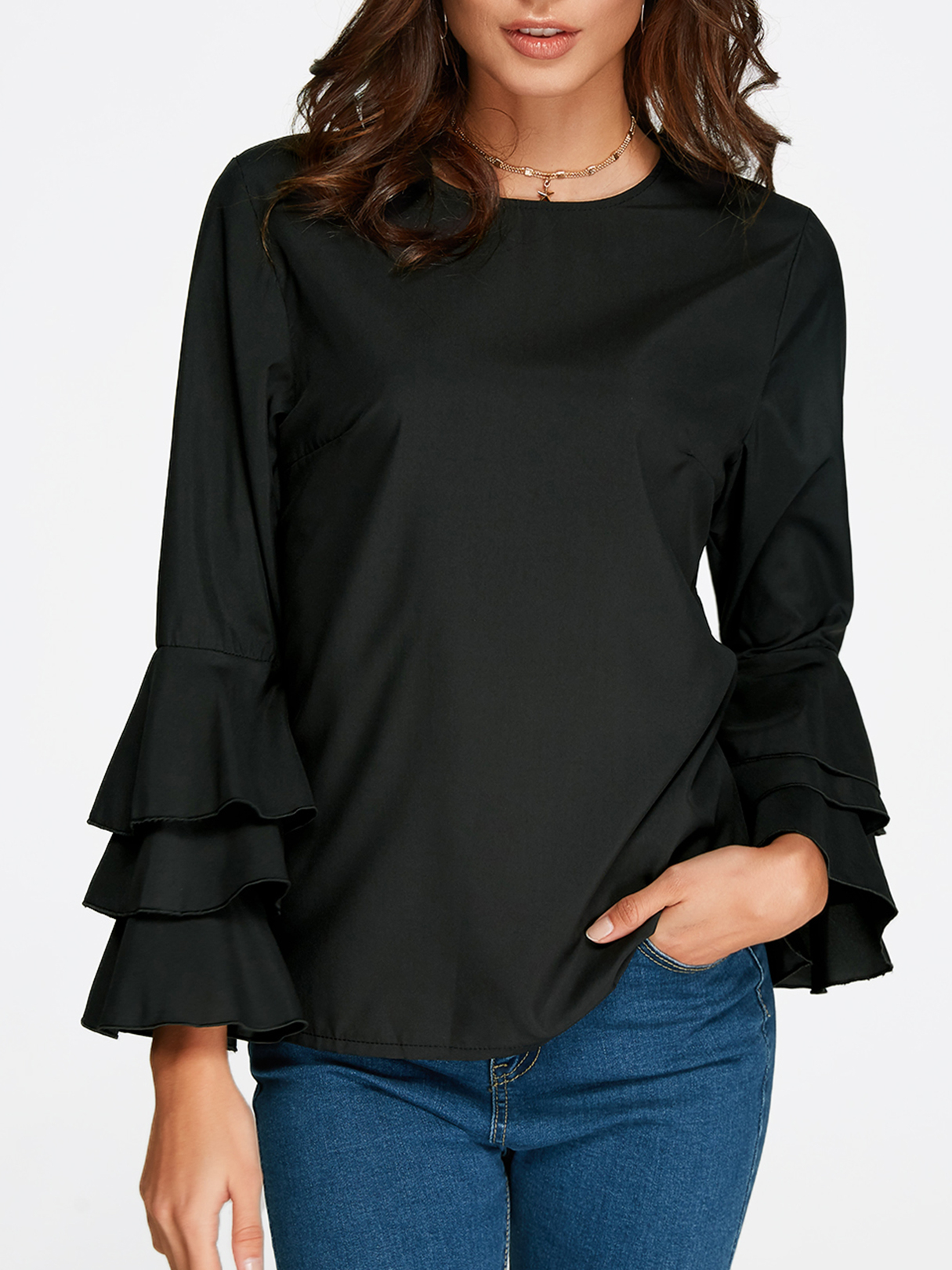 Black Round Neck Flared Sleeves Blouse