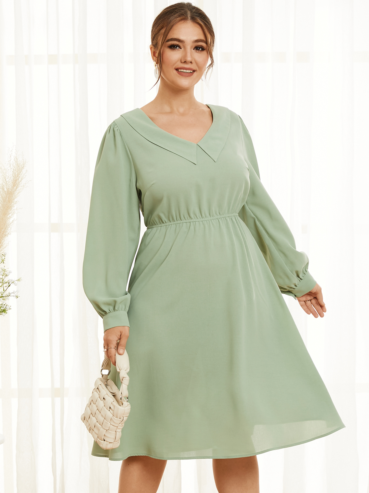YOINS Plus Size Lapel Collar Long Sleeves Dress