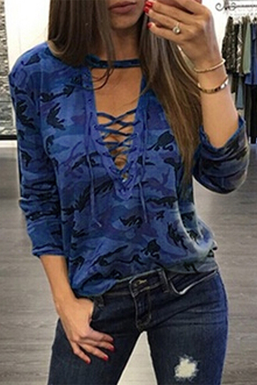 Blue Camouflage Lace-up T-shirt