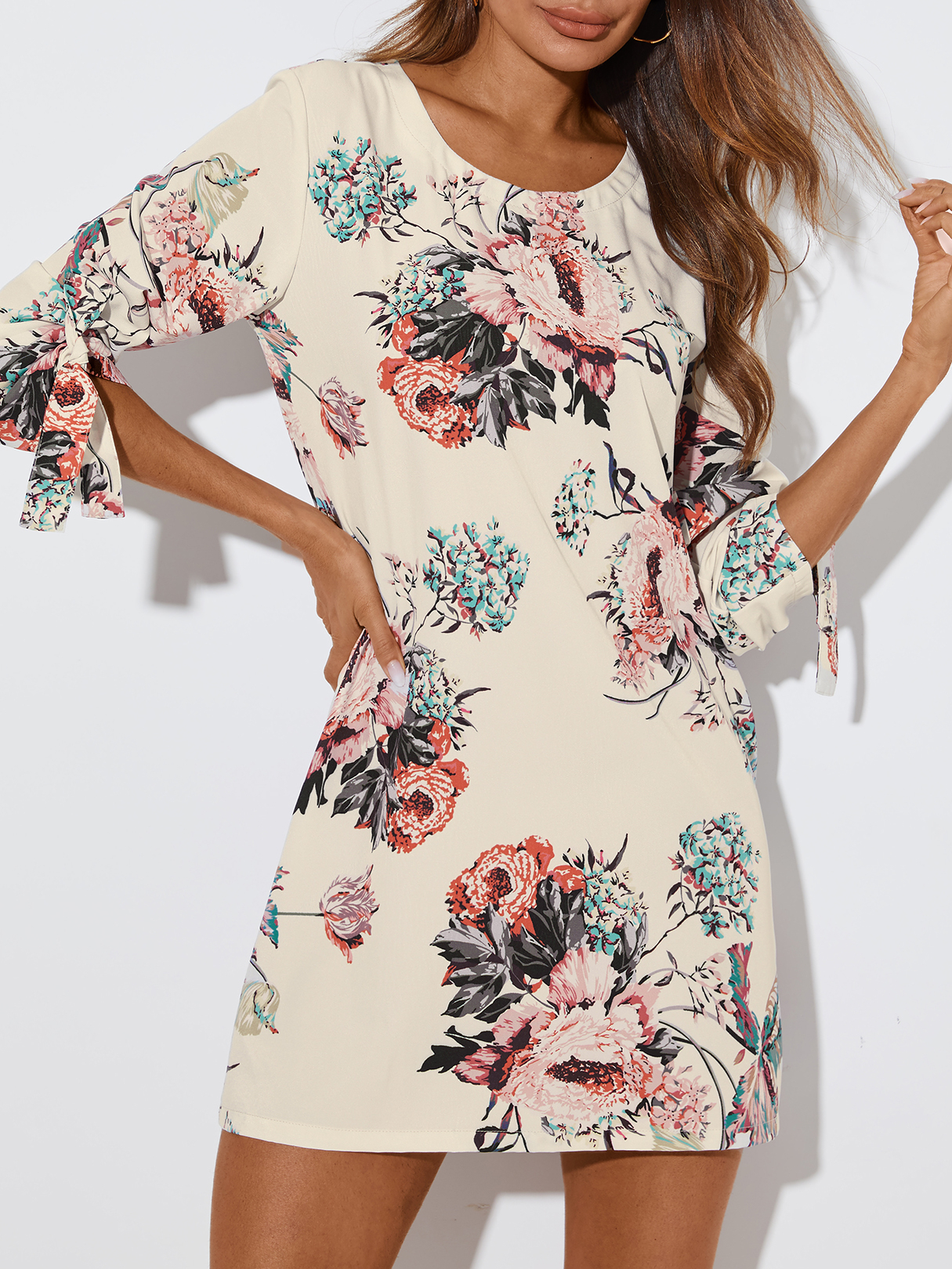 YOINS Beige Random Floral Print Self-tie Round neck Half Sleeves Mini Dress