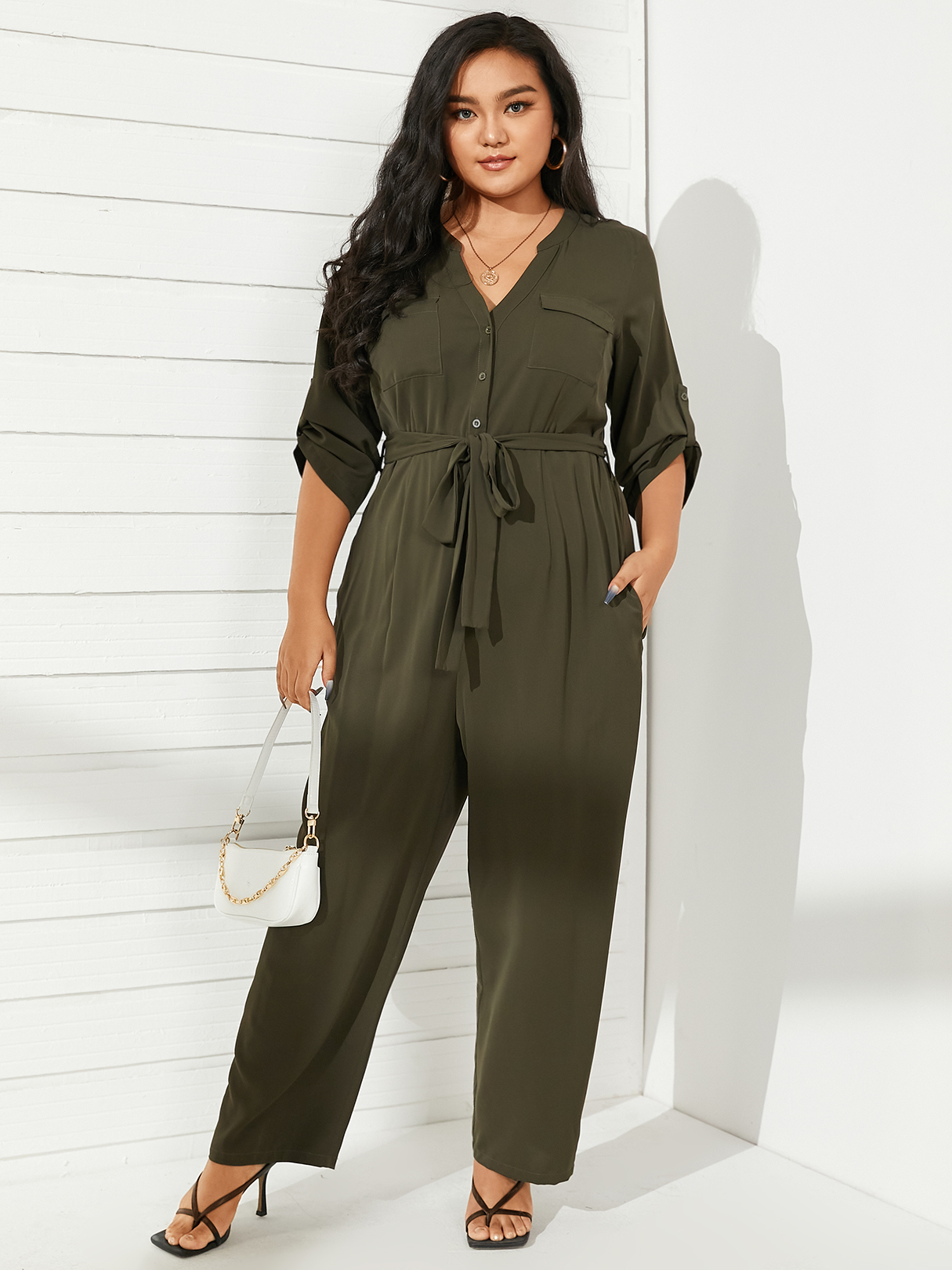 YOINS Plus Size V-neck Belt Design Wide Leg Long Sleeves Jumpsuit