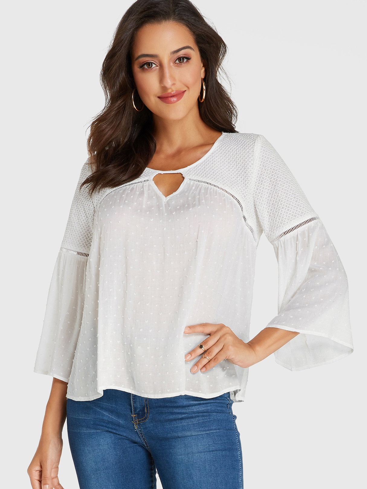 YOINS White Patchwork Round Neck Bell Sleeves Blouse