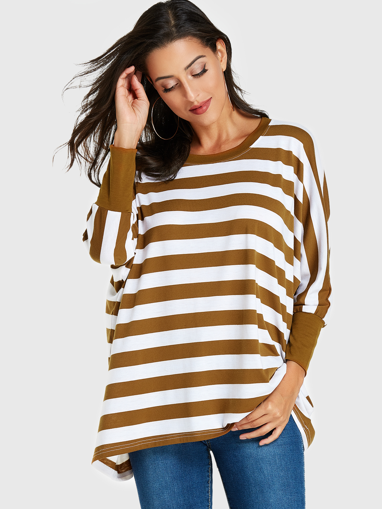 YOINS Brown Stripe Round Neck Long Sleeves Sweatshirt