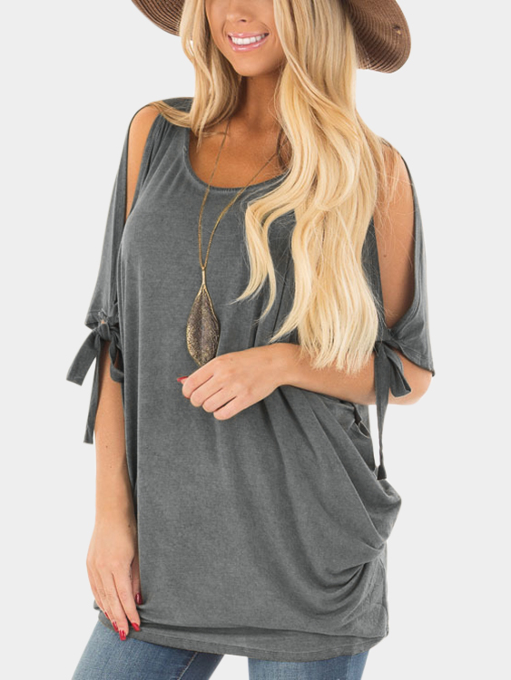 Grey Cut Out Round Neck Cold Shoulder Lace Up Details Short Sleeves T-shirt