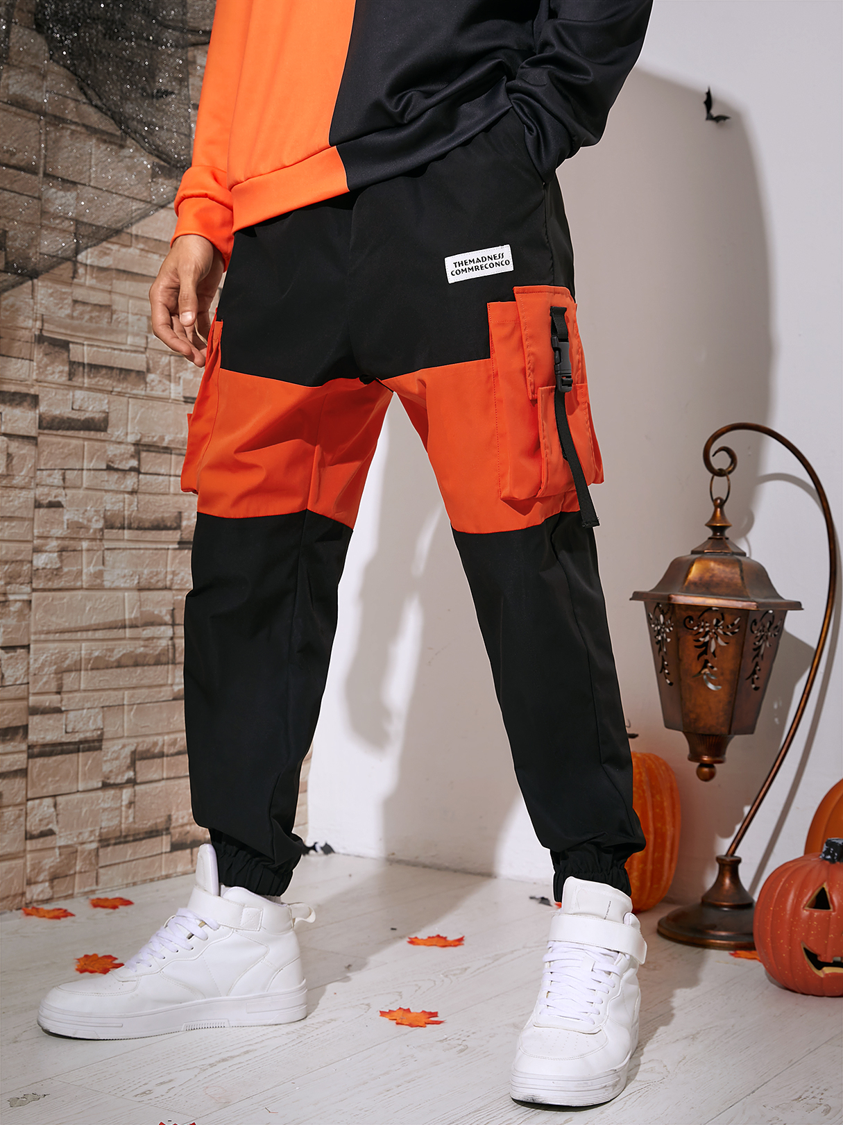 Men Color Block Drawstring Elastic Waist Cargo Pants For Halloween