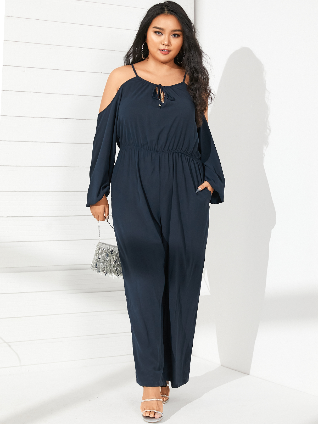 YOINS Plus Size Cold Shoulder Spaghetti Strap Long Sleeves Jumpsuit