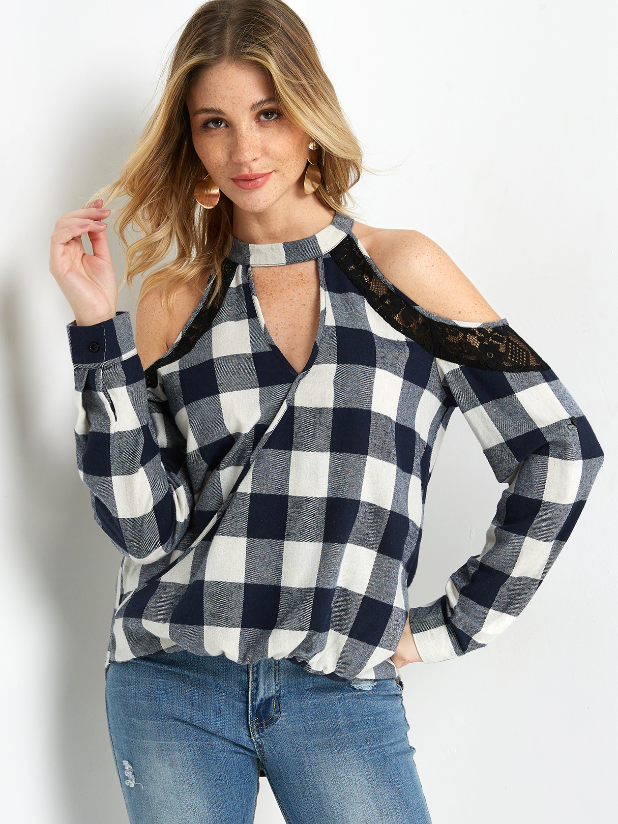 Check Pattern Cold Shoulder Keyhole Cutout Lace Insert Wrap Front Top