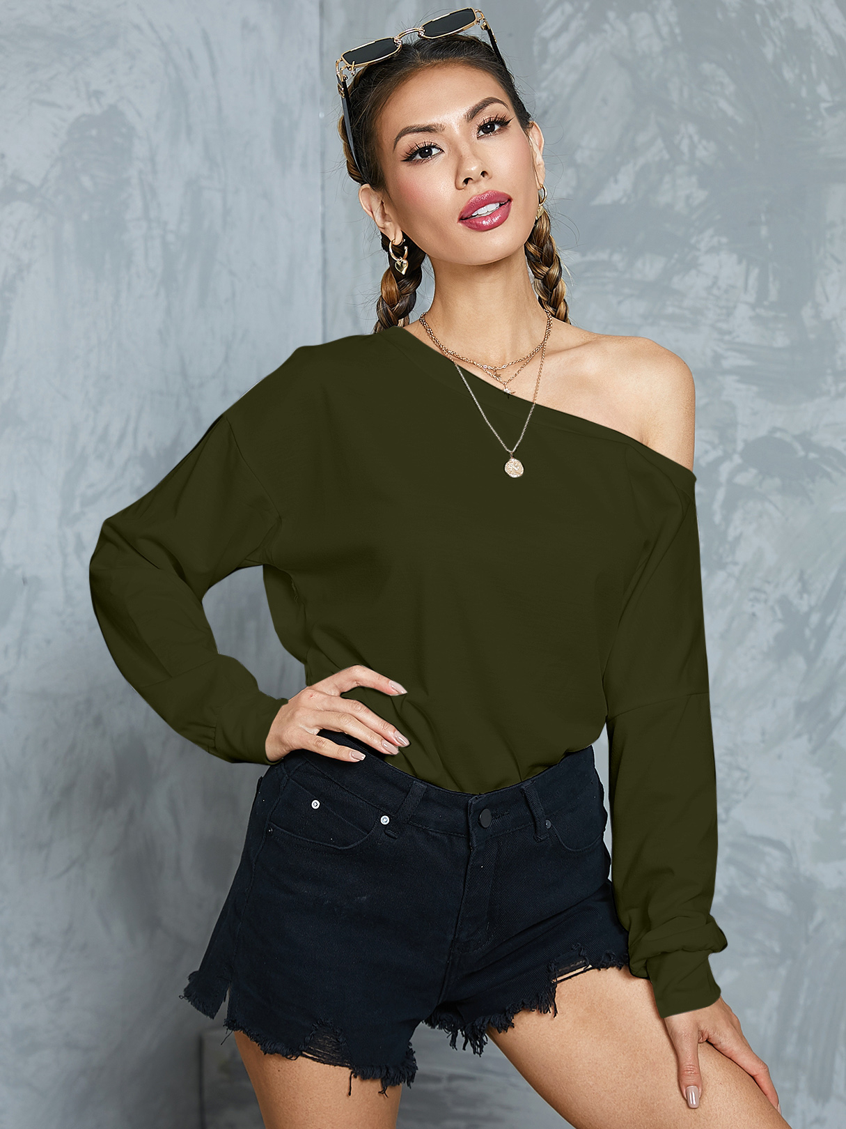 Army Green One Shoulder Long Sleeves Sweatshirt
