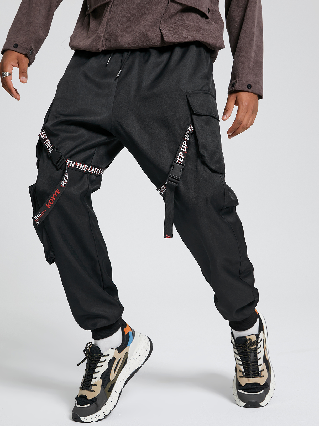 Men Fashion Plain Ribbon Design Drawstring Cargo Pants