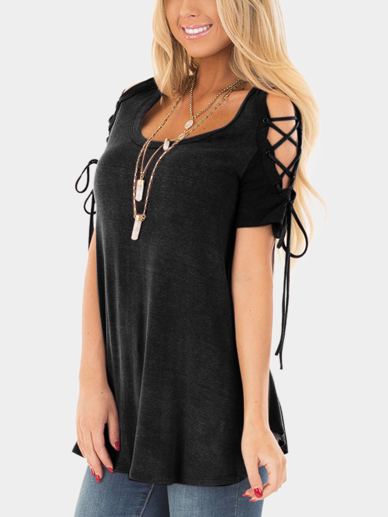Black Lace-up Design Round Neck Short Sleeves T-shirts