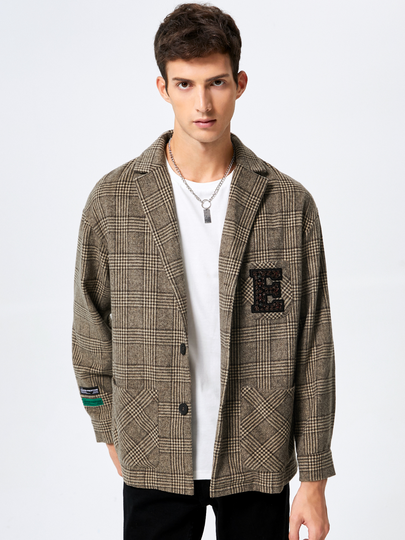 Men Casual Letter And Plaid Blazer