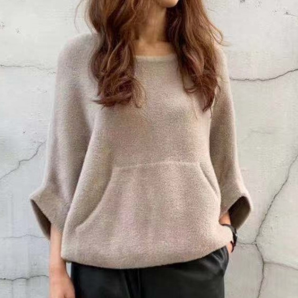 Souland - Round-neck Drawstring-Hem Furry Pullover - Grey/One Size