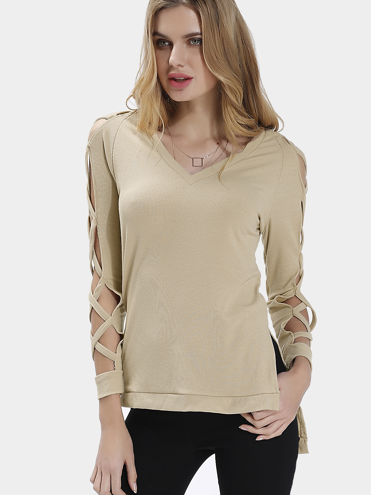 Beige Long Sleeves V-neck Hollow Top with Slit Hem
