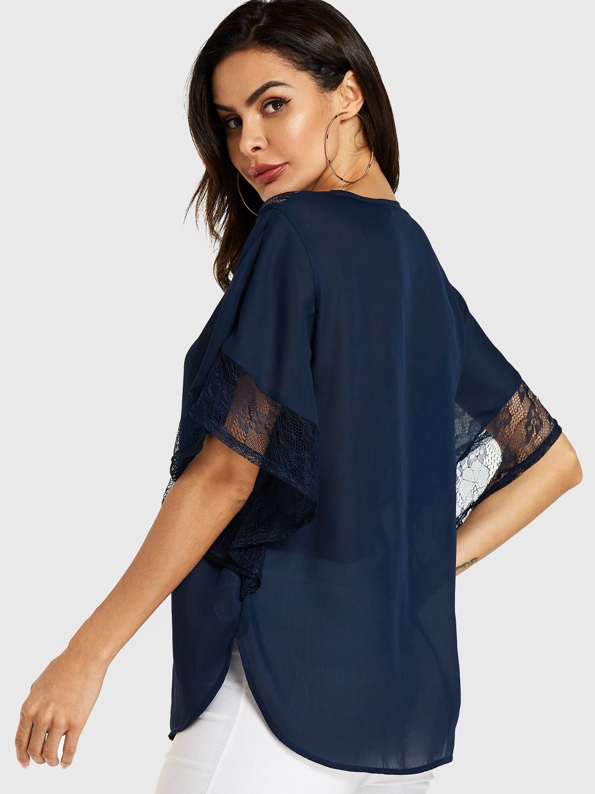 YOINS Blue Lace Round Neck Half Sleeves Blouse