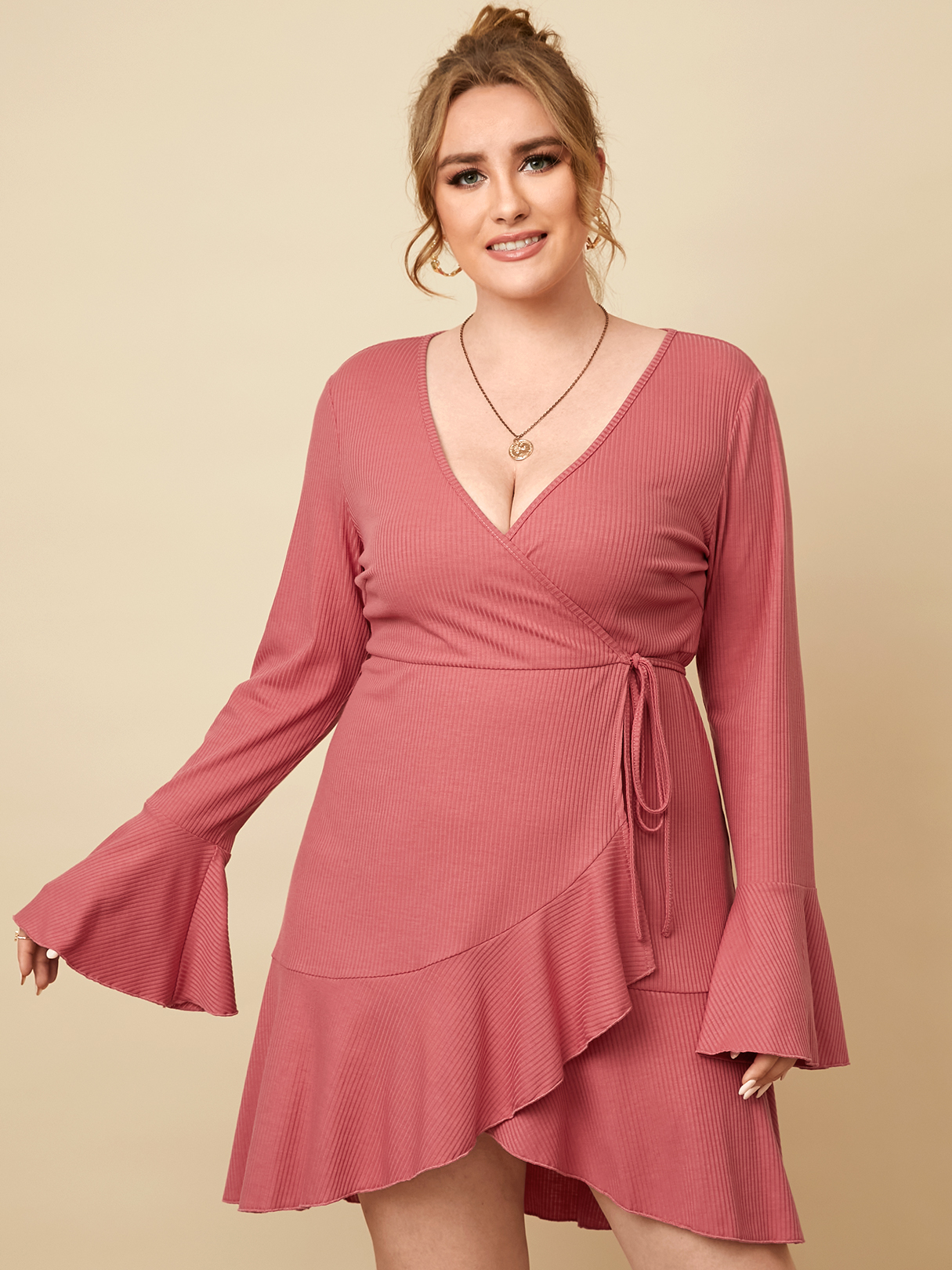 YOINS Plus Size V-neck Tie-up Design Wrap Design Ruffle Trim Long Sleeves Dress