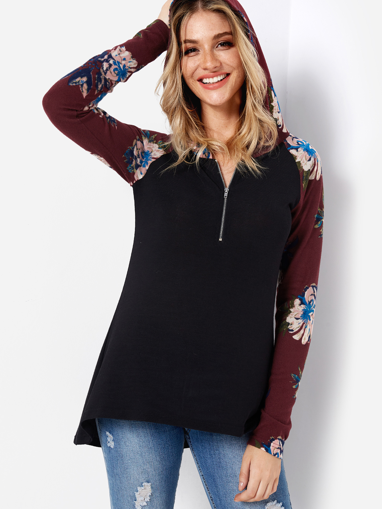 Black Random Floral Print Zip Front Long Sleeves Hoodie Hoodie