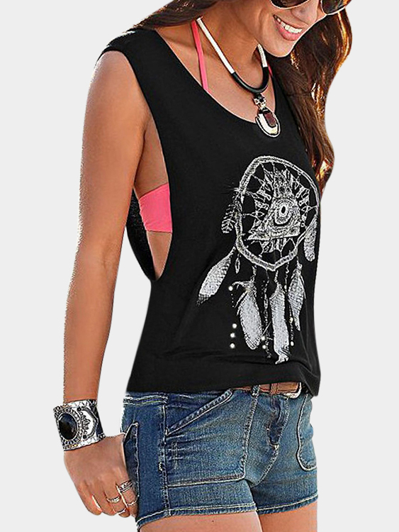Black Cut Out Printed Round Neck Tank Top