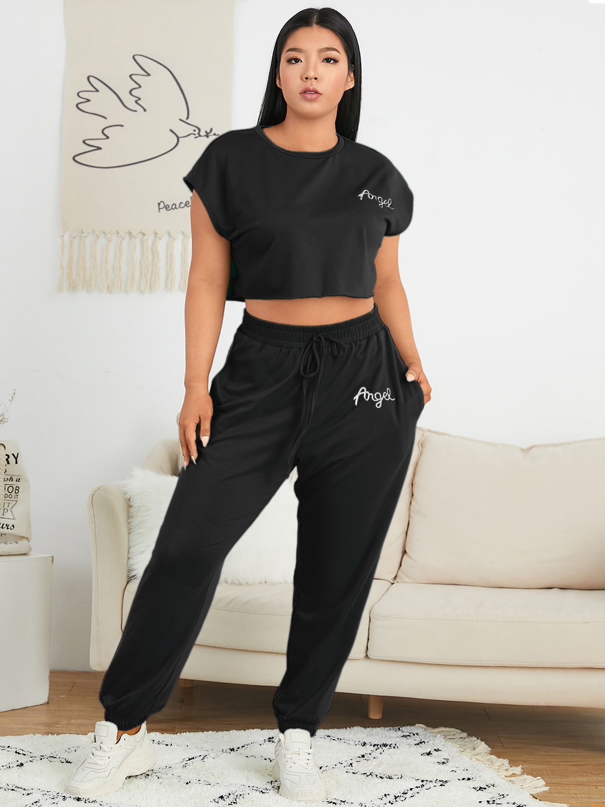 YOINS Plus Size Letter Drawstring Side Pockets Short Sleeves Two Piece Outfit
