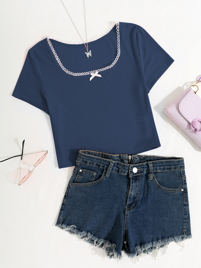 YOINS Bowknot Lace Trim Square Neck Short Sleeves Tee