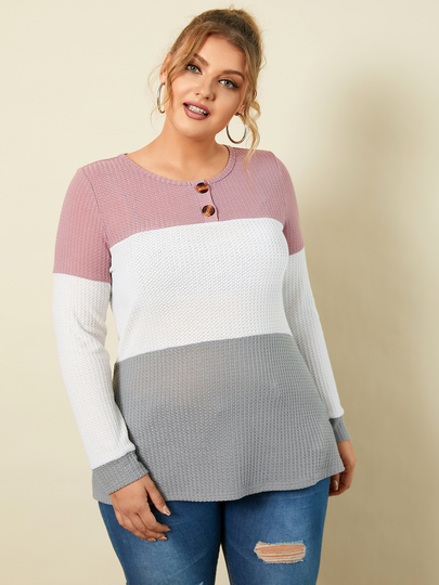 YOINS Plus Size Crew Neck Patchwork Long Sleeves Sweater