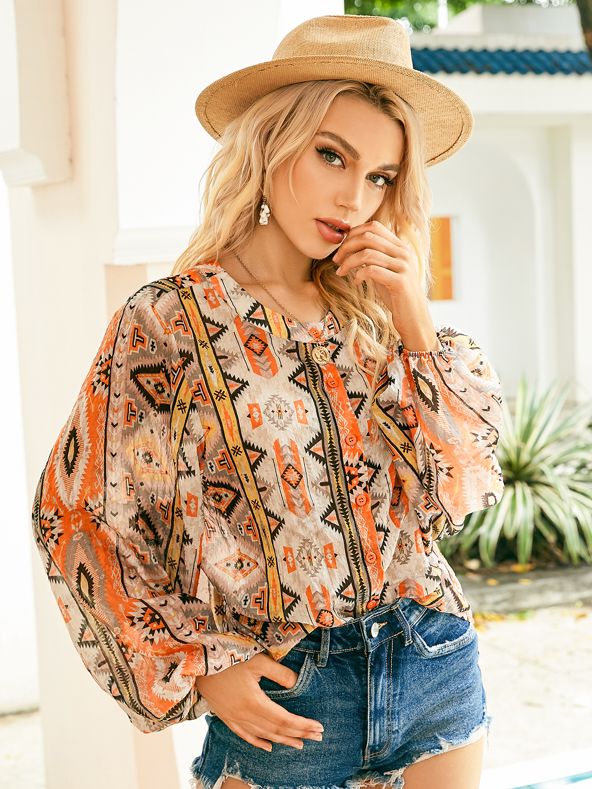 YOINS Orange Tribal Print Front Button Round Neck Long Sleeves Blouse