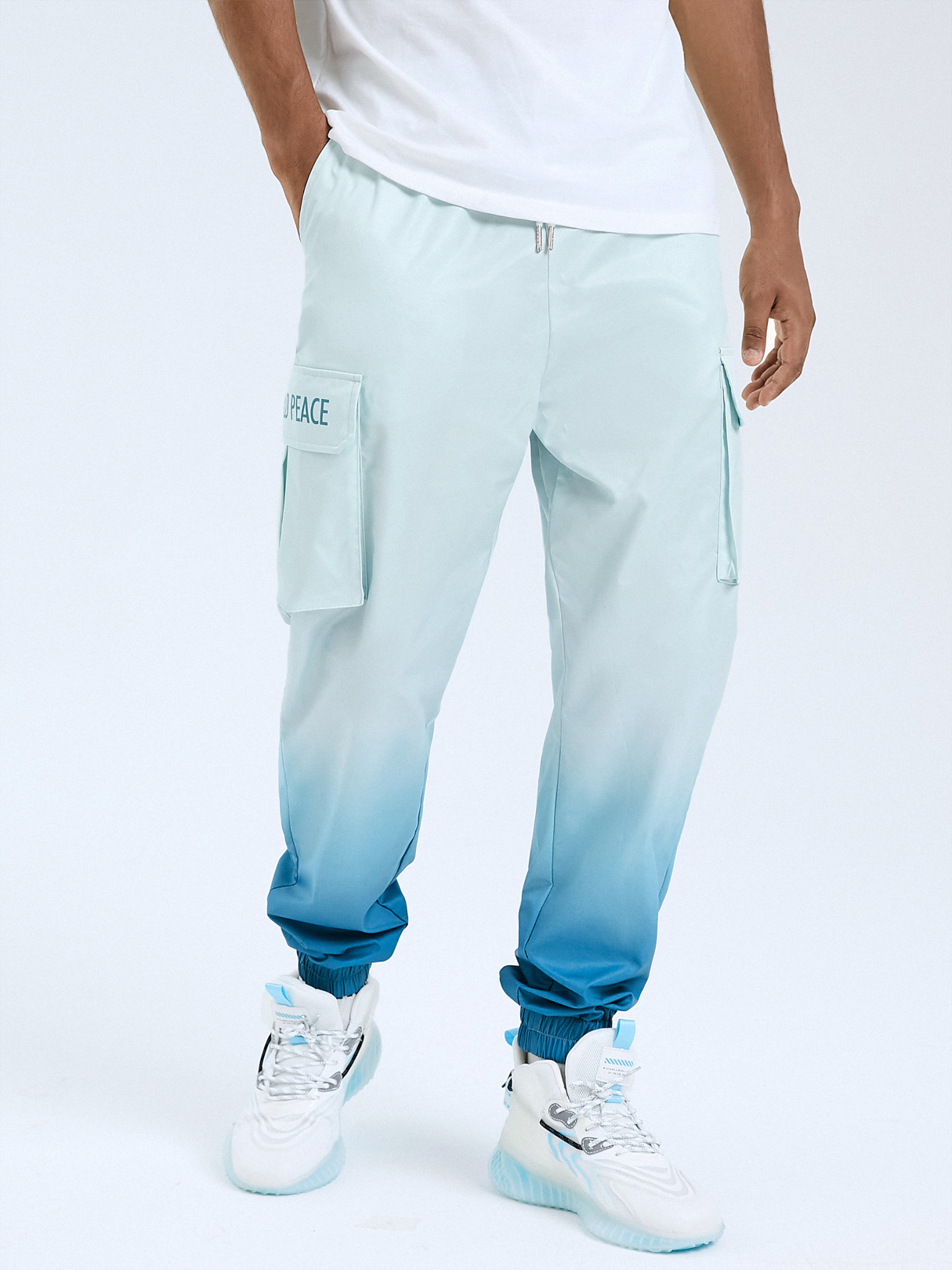 Men Fashion Gradient Color Letter Print Drawstring Cargo Pants